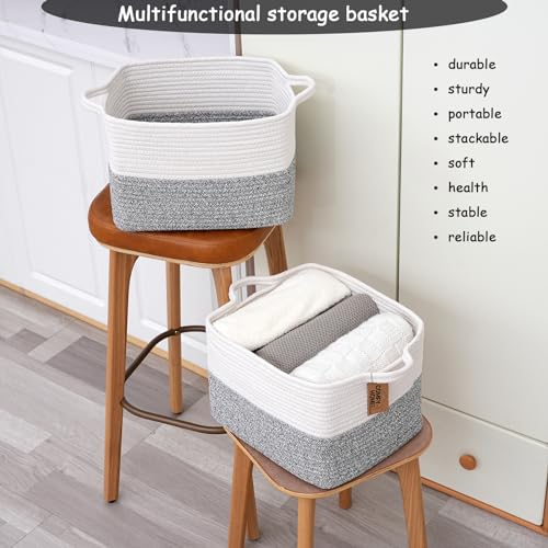COMFY-HOMI Cotton Rope Woven Basket with Handles for Shelves,Toys,Book, Cloth Storage Baskets Bin for Organizing-13.5"x11"x9.5" Toy Decorative Organizer for Living Room, Bathroom-White/Grey - color: White/Grey, size: 13.5"X11"X9.5"
