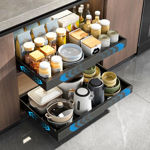Mustorn 2 Pack Pull Out Cabinet Organizer, Expandable Slide Out Drawers for Kitchen Cabinets Peel and Stick Pullout Drawer Heavy Duty Sliding Shelves for Cupboard, Pantry, Bathroom(16.5" Deep, Black) - color: Black, size: 16.5"D*(12.6-20.5"W)*2.95"H