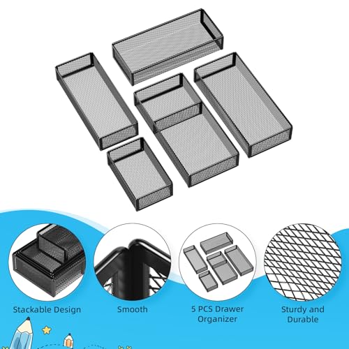 Marbrasse 5 Pack Desk Drawer Organizer Set, Mesh Drawer Storage Trays with 1 Adjustable Divider, Desk Organizers and Accessories, 5 PCS Drawer for Office Supplies, Makeup & Vanity (Black) - color: Black
