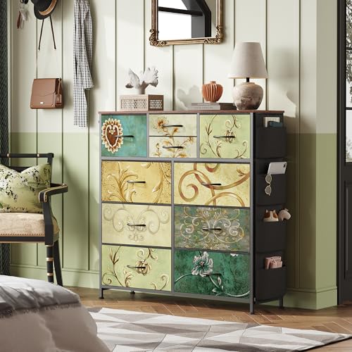 WLIVE Fabric Dresser for Bedroom with 10 Drawers, Chest of Drawers with Side Pockets and Hooks, Sturdy Metal Frame, Drawers Organizer Unit for Living Room, Hallway, Floral Painted - color: Floral Painted