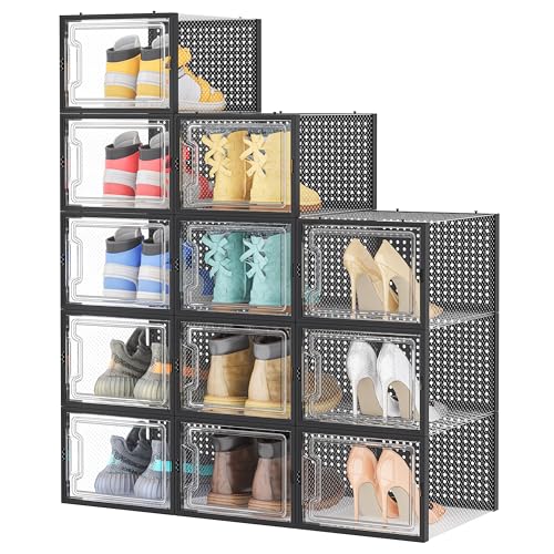 HOMIDEC Shoe Storage, 12 Pack Shoe Organizer for Closet, Shoe Boxes Clear Plastic Stackable Shoe Containers with Lids for Size 13 - color: Black, size: XL