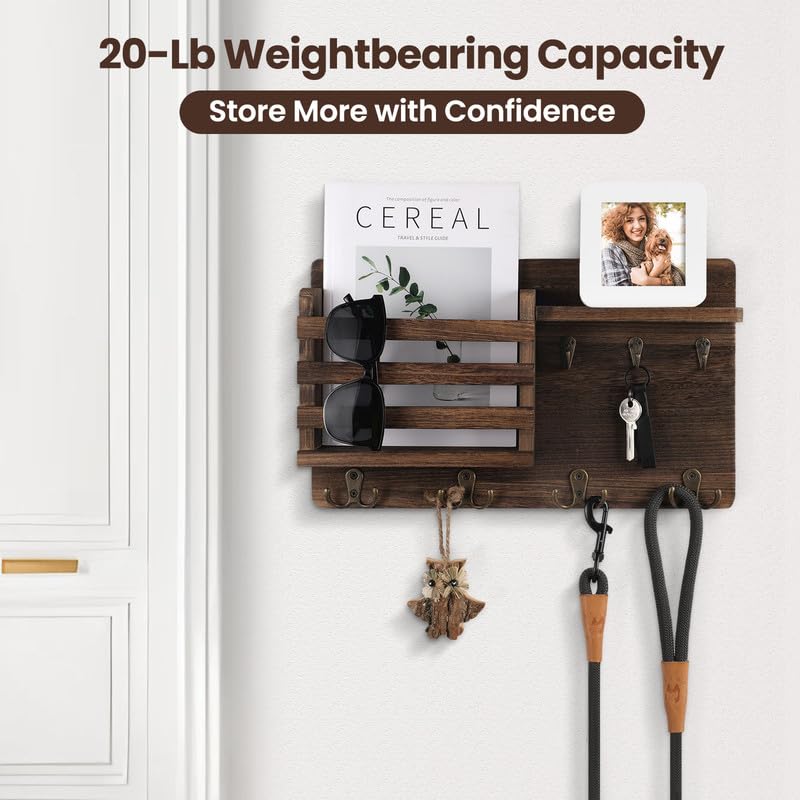 Nekon Mail Holder for Wall Mail Organizer with Key Hooks Hallway Farmhouse Decor Storage Racks with Floating Shelf and Flush Mount Hardware (16.8Inch x 10Inch x 3.2Inch) - color: Brown