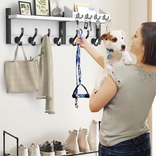 Evermagin 29" Coat Rack Wall Mount with Shelf, 4 in 1 Coat and Key Hanger with 11 Metal Hooks, Entryway Wall Mounted Shelf with Mail Holder for Living Room, Bedroom, White - color: White, size: 29 inch