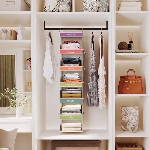 YOUDENOVA 6-Shelf Weekly Hanging Closet Organizer, Weekly Clothes Organizers for Kids with 2 Side Pockets, Light Grey - color: Light Grey