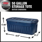 Rubbermaid Roughneck Tote 50 Gal, 2 Pack, Made in USA, Dark Indigo Metallic, Rugged Plastic Stackable Storage Bins with Lids and Handles - size: 50 Gal - 2 Pack
