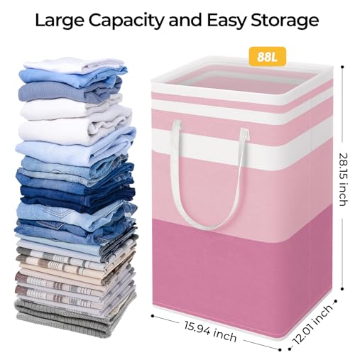HomeHacks 2 Pack Large Laundry Baskets, Waterproof, Freestanding Laundry Hampers, Collapsible Clothes Hamper with Reinforced Handles in Laundry, College Dorm, Bathroom, Bedroom (Grey+Pink, 88Lx2) - color: Grey+Pink, size: 88L