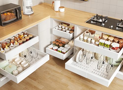 Seinloes 6 Pack Pull out Cabinet Organizer 21"Deep with Raising Pad for Framed Cabinets, Expandable Slide out Drawers for Kitchen Cabinets with 6pcs Divider Racks, Roll out Shelves 12.1"-20.4" W White - color: White, size: 12.1"-20.4"W x 21"D(6Pack)