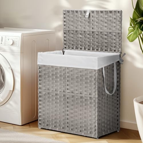 110L Laundry Hamper with Lid, Hand-Woven Pp Rattan Laundry Basket with Compartments & Handles, Removable Liner Bags,Foldable, Narrow Dirty Clothes Basket, Grey - color: 110L-Grey