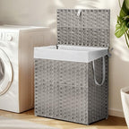 110L Laundry Hamper with Lid, Hand-Woven Pp Rattan Laundry Basket with Compartments & Handles, Removable Liner Bags,Foldable, Narrow Dirty Clothes Basket, Grey - color: 110L-Grey