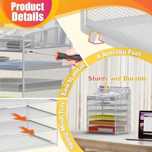Docnest 6 Tier Mesh Desk Organizer for Paper Office Supplies – Multi-Functional Letter Tray with 5 Adjustable Compartments, 4 Pen Holders, Desktop Storage for Files, Mail, Stationery – White - color: White, size: 12.7" x 9.1" x 15.5"