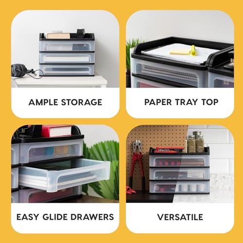 IRIS USA Plastic Desk Top 3-Drawer Storage Organizer with Paper Tray Top, 1-Pack, for Makeup Vanity Nail Polish Bathroom Stationery Art Craft Supplies Kitchen Office Garage Organization, Medium, Black - color: Black, style: Medium with Tray Top - 1 Pack