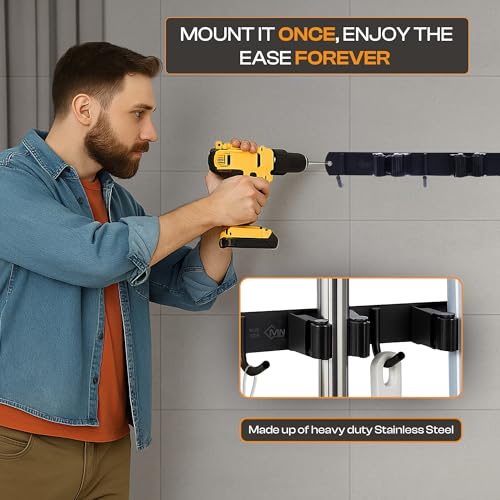 Heavy-Duty Stainless-Steel Broom Holder Wall Mount with 3 Racks and 4 Hooks | Waterproof Mop and Broom Hanger | Adjustable, Garage & Garden Tool Organizer | Black - size: 3 Racks & 4 Hooks