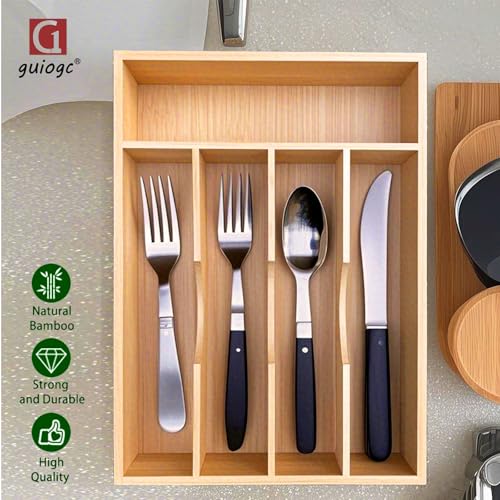 guiogc Bamboo Kitchen Drawer Silverware Organizer, 9 Inch Silverware Utensils Tray Holder for Small Drawer, Cutlery Tray, Wood Caddy for Flatware Cutlery Knives 5-Slots - size: 9" Wx13"d (5-slots)