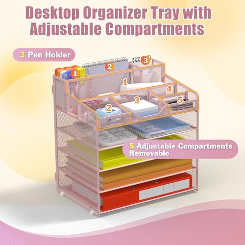 Docnest 5 Tier Mesh Desk Organizer for Paper Office Supplies – Multi-Functional Letter Tray with 5 Adjustable Compartments, 3 Pen Holders, Desktop Storage for Files, Mail, Stationery – Pink - color: Pink, size: 12.7" x 9.1" x 13.2"