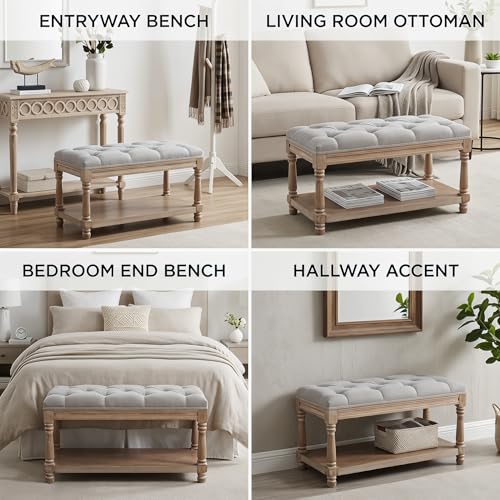 chairus Storage Bench 31.5" W Button Tufted Small Entryway Bench with Wooden Shoes Rack End of Bed Bench with Fabric Linen Upholstered Rectangular Seat for Bedroom Hallway Small Space, Grey - color: Grey, size: 31.5 Inches Seat