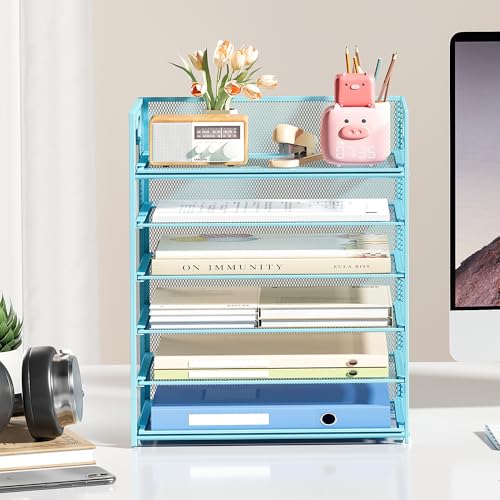 Subekyu 6 Tier Office File Paper Desk Tray Organizer with Handle, Stackable Slide Mesh Letter Tray Folder Blue Desk Organizer, Desktop Document Sorter for Classroom, Office, Home Supplies Storage - color: Blue