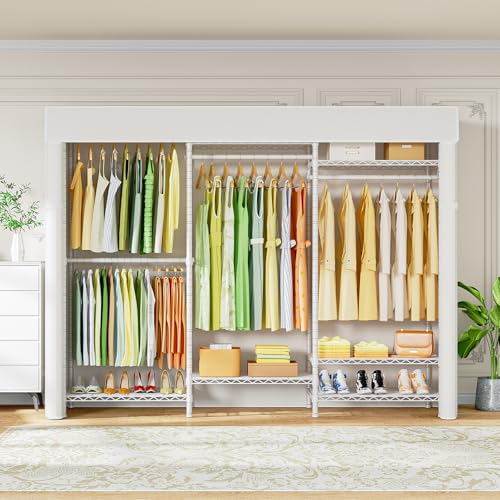 Ulif E13C Heavy Duty Closet Organizer System，Freestanding Clothing Racks for Hanging Clothes，Adjustable Garment Rack 63" W x 16" D x 77" H Hold 960 lbs，White Clothing Rack with White Dustproof Cover - color: White Rack with White Cover, size: E13C