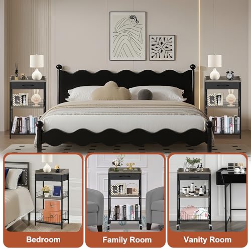 Tall Side Table with Drawer and Shelves, Narrow End Table with Optional Wheels, 4-Tier Small Side Table, 30" High for Living Room, Bedroom, Bathroom, Black & Grey - color: Black With Grey