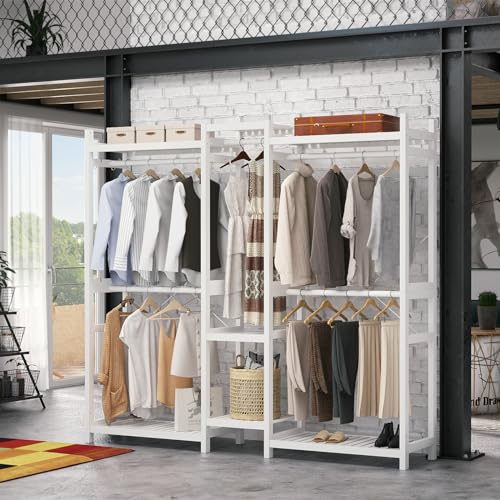Homykic Bamboo Closet System Clothes Rack, Large Freestanding Garment Rack Clothing Rack for Hanging Clothes with 7 Storage Shelves and 5 Rods, Open Wardrobe Organizer with 4 Hooks, White - color: White, size: III Large
