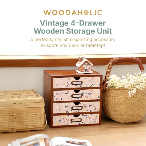 Terrazzo Pattern Wooden Desk Organizer - 4-Drawer Desktop Storage - Modern & Rustic Wood Cabinet for Office Supplies, Craft Tools, & Home Organization - Cute Drawer Unit - color: Pastel Terrazzo