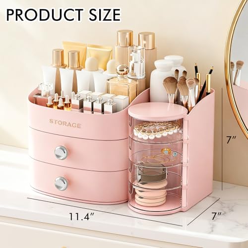 Makeup Organizer Countertop with Drawers, Make up Organizers for Vanity, Skincare Jewelry Earring Organizers, Cosmetic Display Cases Makeup Storage for Bedroom & Bathroom, Ideal Gifts for Women(Pink) - color: Pink