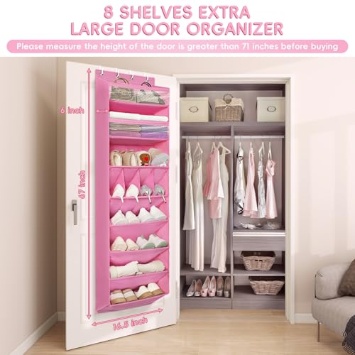 FENTEC 1 Pack 8 Shelves Over The Door Shoe Organizer,68" Exlarge Deep Pockets Hanging Shoe Organizers, Shoe Rack for Closet, Shoe Holder for Boots,Over Door Organizer in Home, RV, Dorm, Pink - color: PINK-(25+ Pairs), size: 1 Pack