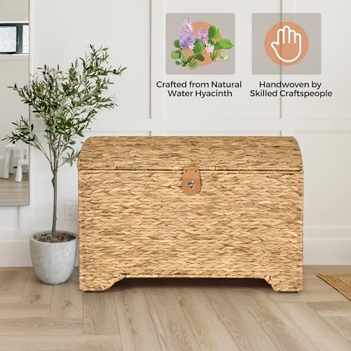 Handwoven Storage Basket with Lid, 178L Wicker Storage Bin, Natural Water Hyacinth, Leather Buckle & Metal Frame, Metal Ring Handles for Easy Transport, Storage Chest & Trunk for Bedroom, Living Room - color: Natural Water Hyacinth, size: 178L-Arched Lid