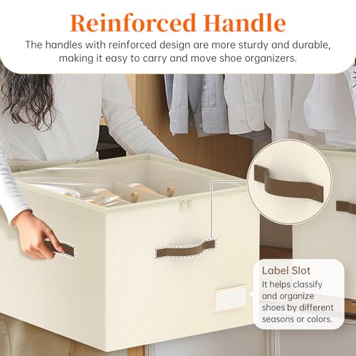 Shoe Organizer for Closet, Foldable Shoe Storage Containers, Fits up to 16 Pairs, Large Shoe Storage Organizer Box Cubby Baskets Bins with Clear Cover and Reinforced Handles, Beige - color: 1Pack Beige