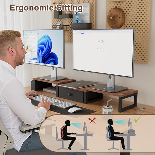LAND·VOI Heavy Duty Dual Monitor Stand, Holds 2 Screens Up to 27 Inches, Adjustable Length and Angle Monitor Riser, Desk Organizer with Side Pockets and Drawers, Home Office Desk Storage, Rustic Brown - color: Rustic Brown, size: Separate-Type