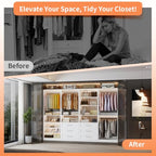 Closet System with 4 Sets, 8–21 FT Closet System with 6 Drawers, 9 Shelves & 8 Hanging Rods, Max 252″ Closet Organizer System for Walk in Closets, Modular Custom Wood Closet Kit, White