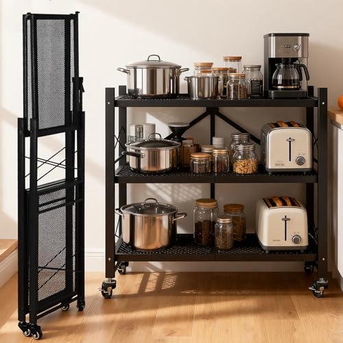 3-Tier Folding Storage Shelves, Heavy Duty Garage Shelving Unit, Adjustable Metal Standing Storage Rack Shelf, No Assembly Wire Shelving Organizer with Wheels for Kitchen Pantry Warehouse - size: 3-Tier
