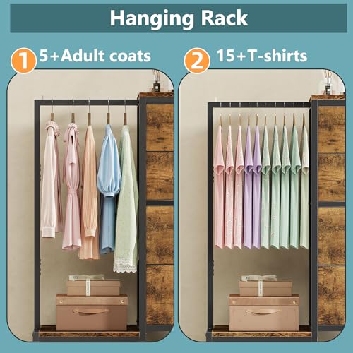 HIGDBFE Dresser with Hanging Rack, 4 Drawers Small Closet for Bedroom, Reversible Fabric Kids Chest of Drawers with Clothes Rack, Tall Storage Tower, Sturdy Frame, Rustic Brown, 44''H - color: Rustic Brown