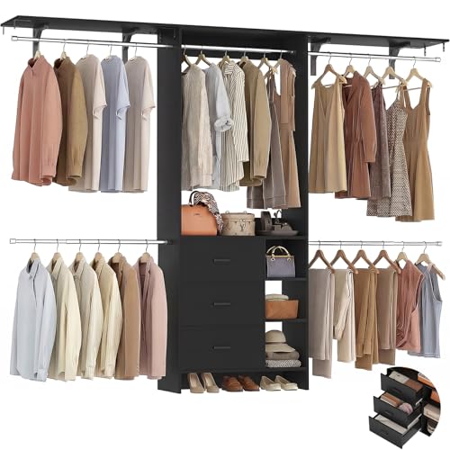 Aheaplus Closet System, Closet Organizer with 3 Wooden Drawers, 8FT Closet Organizer System, 96’’ Walk-in Closet Wardrobe Clothes Rack with Hanging Rods, Adjustable Garment Rack, Fits 5.3-9 ft, Black - color: Black