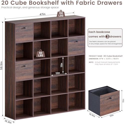 Walnut Cube Storage Bookcase 2-Pack, Rustic Brown 20 Cube Storage Organizer, Wooden Bookshelf with 3 Fabric Bins, Freestanding Bookcase Set for Bedroom Living Room, Large Home Organizer Shelf - color: Walnut, size: 20 Cube (2PC)