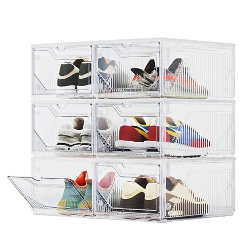 XX-Large Shoe Sneaker Storage Boxes for Size 14, Stackable & Thicken Clear Plastic Shoe Organizers 6 Packs for Entryway Closet Under Bed, Shoe Storage Cabinets Container Display Case w/ Magnetic Door - size: 6 packs