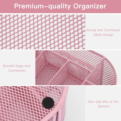 EOOUT Pink Desk Organizer, Pen Holder for Desk and Accessories, Mesh Desk Organizer with 8 Compartments and 1 Drawer for Office Home School Classroom - color: Pink