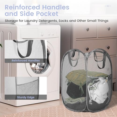 HOUSE AGAIN 2 Pcs Pop Up Laundry Hamper, Strong Mesh Laundry Baskets Collapsible, Hamper with Handles and Side Pocket, Portable Foldable Dirty Clothes for Dorm, Laundry room and Travel Storage, Grey - color: Gray, size: 2-Pack