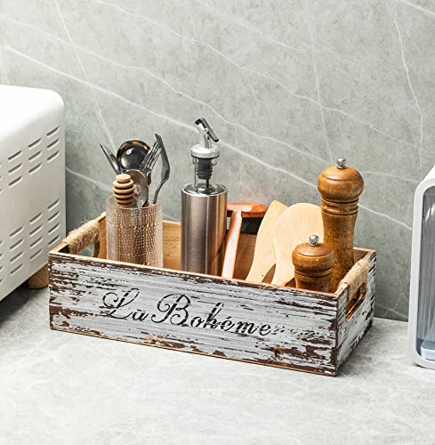 TIMRIS Farmhouse Distressed Wooden Storage Box, Rustic Bathroom Decor Box, Decorative Toilet Tank Basket, Vintage Countertop Organizer Box with Handles (Distressed White) - color: Distressed White