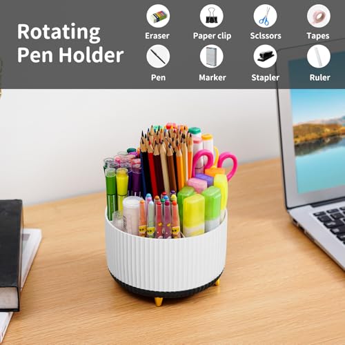 Marbrasse Desk Organizer, 360-Degree Rotating Pen Holder, Desk Organizers and Accessories with 5 Compartments Pencil Holder, Art Supply Storage Box Caddy for Office, Home (White+Black) - color: White+Black