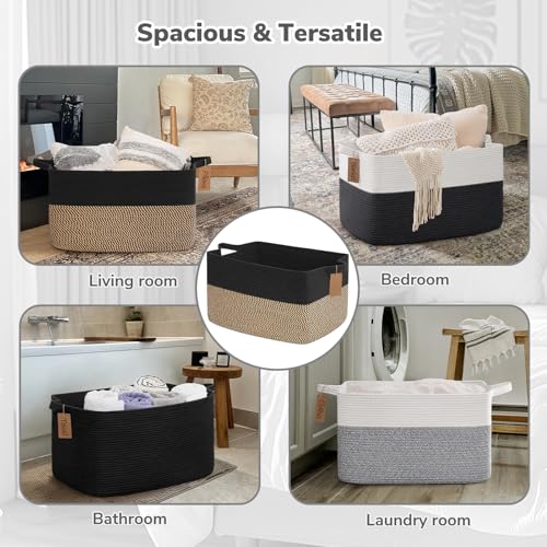 Goodpick Woven Storage Baskets for Organizing 22”x17”x12” Large Blanket Basket for Living Room Bedroom, Rectangle Wicker Storage Basket with Handles, Toy Baskets for Baby Boys, Black & Jute - color: Black Jute, size: 22"L x 17"W x 12"H