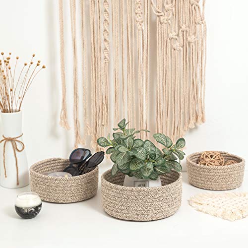 MINTWOOD Design Set of 3 Cotton Rope Nesting Bowls, Small Catch All Basket, Cute Closet Baskets and Bins for Shelves, Mini Table Basket Organizer for Small Accessories, Light Brown - color: Light Brown