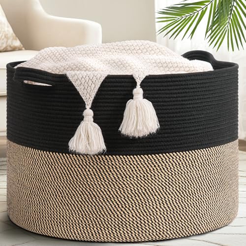 Goodpick 115L Extra Large Blanket Basket, 23.5"x23.5"x15.8" Woven Rope Basket for Storage, Kids Toy Storage for Nusery Room - color: Black & Mix Jute, size: 23.5x23.5x15.8 Inch (Pack of 1)