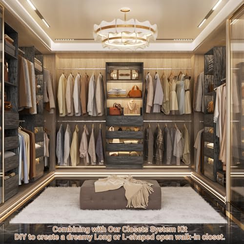 Aheaplus Closet System, 4-9 Ft Closet Organizer with 4 Wooden Drawers, Wood Closet Organizer System with Tower, Walk-in Closet Organizer Wardrobe Clothes Rack with 4 Hanging Rods, Black Oak - color: Black Oak