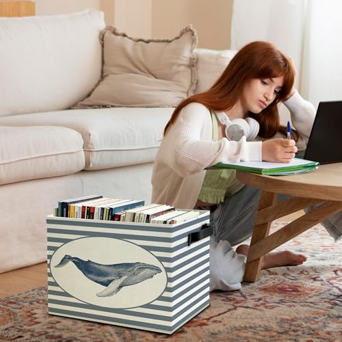 Coastal Beach Whale Storage Bins Box with Handles, Blue Striped Beachy Ocean Whale Marine Biology Collapsible Basket Organizer for Bedroom Bathroom Toys Books Clothes - color: Color09