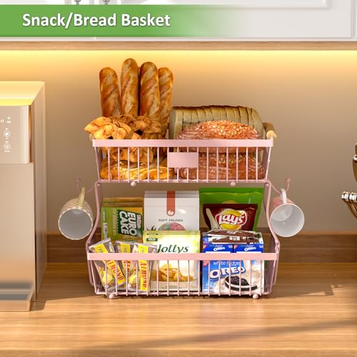 2 Tier Fruit Basket for Kitchen Counter with 2 Banana Hangers, Countertop Metal Fruit Bowl with Wooden Handle, Large Storage Stand for Vegetables, Snacks, Breads, Produce Storage – Pink - color: Pink, size: 2 Tier