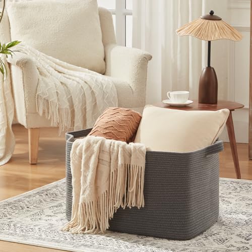 OIASKET 118L Extra Large Blanket Basket, 24.8" x 17.7" x 17.2" Woven Storage Basket for Living Room, Rectangle Nursery Blanket Storage for Toys, Towels, Dirty Clothes (Grey) - color: Grey, size: 24.8"x17.7"x16.2"