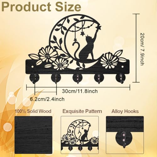 MAYJOYDIY Cat Moon Flower Coat Rack Wall Mounted Wood Animal Moon Star Key Hanger Wall Art Decor 11.8×7.9inch 5 Alloy Hooks Black Key Rack Organizer for Gift Entryway Hallway Kitchen Room - color: Cat