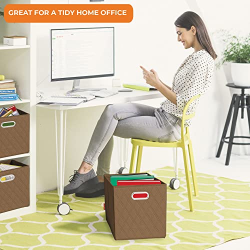 FH Group JIAessentials 13" Faux Leather Foldable Storage Cube Bins Set of 2 – Brown Diamond Patterned Organizers with Handles for Closet & Shelves - color: Brown, size: Large