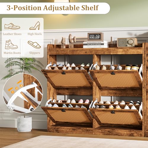 GarveeHome Shoe Cabinet Rattan with 4 Flip Drawers, Wooden Freestanding Shoe Organizer with Adjustable Shelves, Shoe Storage for Entryway, Closet, Hallway - color: Brown, size: 4-Drawers