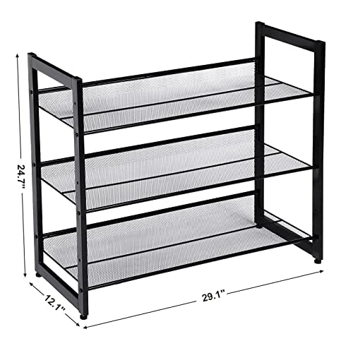 SONGMICS Shoe Rack, 3-Tier Shoe Organizer, Metal Shoe Storage for Garage, Stackable Shoe Shelf, with Adjustable Flat or Angled Shelves, 9-12 Pairs, Ink Black ULMR03B - color: Ink Black, size: 3 Tiers (29.1''W)